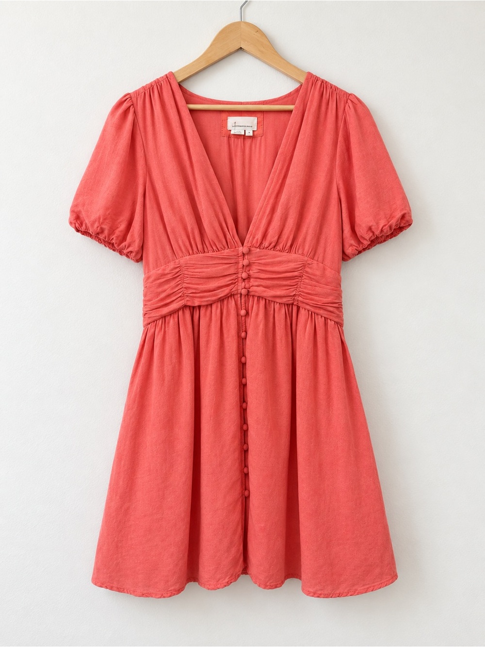 Anthropologie Coral Puff Sleeve Empire Waist Dress